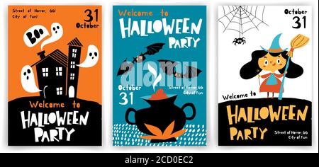 Satz von Vector Halloween Party Plakate in den Cartoon Flat Style Stock Vektor