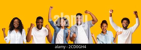 Collage von glücklichen schwarzen Menschen feiern Erfolg auf gelb Stockfoto