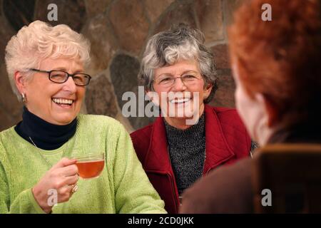 Drei ältere Damen bei EINER Diskussion über Tee. Stockfoto