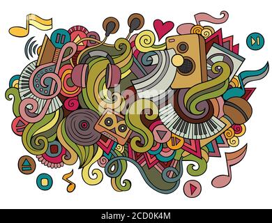 Musik handgezeichnete Karikatur Kritzeleien Illustration. Lustiges Mediendesign Stock Vektor