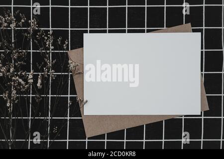 Weißes Blankopapier auf braunem Papierumschlag mit Limonium-Trockenblüte und Karton-Box auf schwarzem Tuch mit schwarz-weißem Rastermuster. Modell der Horizontalen Stockfoto