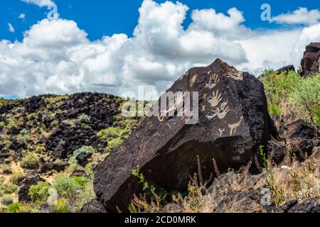 Petroglyphen auf vulkanischem Gestein mit Sageburst im Piedras Marcadas Canyon, Petroglyph National Monument an einem sonnigen Frühlingsnachmittag Stockfoto