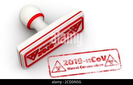 Neuartiges Coronavirus 2019-nCoV. Der Stempel und ein Aufdruck. Das weiße Siegel und der rote Aufdruck NOVEL CORONAVIRUS 2019-nCoV auf weißer Oberfläche. 3D-Illustration Stockfoto