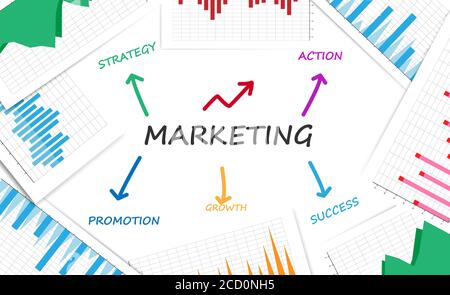 Marketing Vektor Illustration Mit Statistiken Charts Auf Weißem Hintergrund Stock Vektor