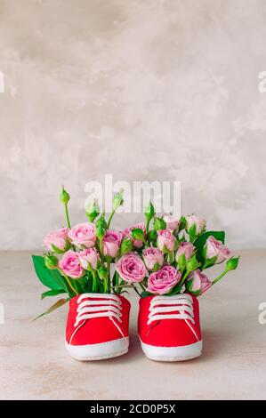 Paar rote Babyschuhe mit Rosen Blumen gefüllt. Leerzeichen für Text. Stockfoto