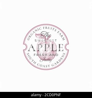 Süßeste Apple Farm Abzeichen oder Logo Vorlage. Handgezeichneter Apfel mit Blatt Skizze mit Retro Typografie und Rahmen. Hochwertiges Vintage-Emblem. Stock Vektor