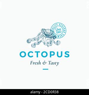 Fresh and Tasty Seafood Abstract Vektor-Zeichen, Symbol oder Logo-Vorlage. Handgezeichneter Octopus mit Premium Classic Typografie und Qualitätssiegel. Stylisch Stock Vektor