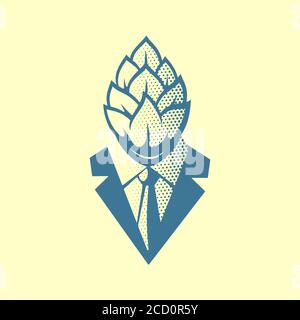 Hop Head Pop Art Style Label, Logo oder Illustration. Mann in Anzug und Krawatte mit einem Hop-Gesicht. Kreatives Konzept Emblem. Stock Vektor