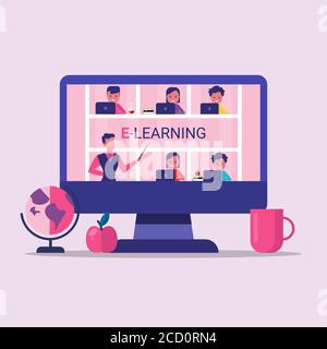 Lehrer Und Schüler Mit Online-Klasse, Rosa Hintergrund, Vektor Stock Vektor