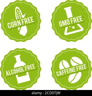 Set von allergenfreien Abzeichen. Frei von Mais, GVO, Alkohol, Koffein frei. Vektor von Hand gezeichnete Zeichen. Kann für Verpackungsdesign verwendet werden. Stock Vektor