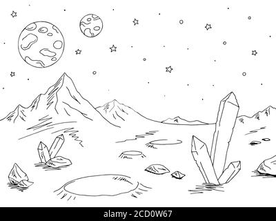 Alien Planet Grafik schwarz weiß Raum Landschaft Skizze Illustration Vektor Stock Vektor