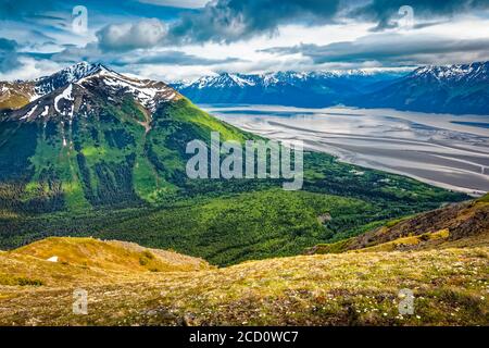 Blick auf Bird Creek Valley und Turnagain Arm von Bird Ridge, Chugach State Park, Süd-Zentral Alaska im Sommer; Alaska, Vereinigte Staaten von Amerika Stockfoto