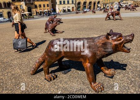 Florenz, Italien. August 2020. Eine neue Skulptureninstallation des chinesischen Künstlers Liu Ruowang auf der Piazza del Palazzo Pitti - „die Wölfe auf dem Weg“, ist dank der Zusammenarbeit zwischen der Gemeinde Florenz und den Uffizien möglich und wird bis zum 2. November zu sehen sein. Besucher kehren zurück, um die verschiedenen Sehenswürdigkeiten der historischen Stadt Florenz nach der Lockerung des Coronavirus (covid 19) Reisebeschränkungen zu sehen. Kredit: Guy Bell/Alamy Live Nachrichten Stockfoto