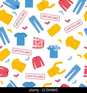 Upcycling. Nahtloses Muster mit alter Kleidung für DIY Wiederverwendung auf weißem Hintergrund, Vektor-Illustration in flachem Stil Stock Vektor