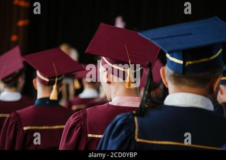 Gruppe von frischen Hochschulabsolventen mit Roben und Mützen in Diplomfeier Stockfoto