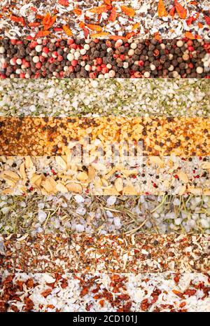 Textur von bunten Gewürzen und Kräutern mischen. Gruppe von farbigen Gewürzen. Collage aus verschiedenen Kräutern und Gewürzen Pfeffer, Meersalz, getrocknetes Gemüse, Oregano, Stockfoto