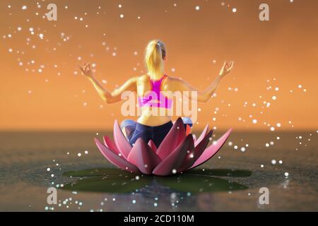 Eine junge Frau meditiert auf einer Lotusblume (gemischte 3D-Medien) Stockfoto