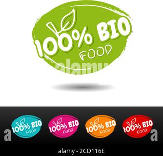 Set von 100% Bio-Lebensmittel Abzeichen. Vektorgrafiken von Hand gezeichnet. Stock Vektor