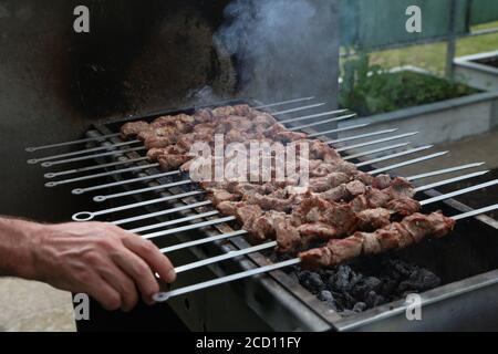Schweinefleisch Schaschlik auf der Holzkohle mangal Stockfoto