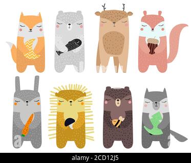 Set Cute Wildtiere Fuchs, Bär, Hirsch, Igel, Eichhörnchen, Hase, Wolf, Eisbär skandinavischen Stil für Kinder handgezeichnete Doodle Vektor Cartoon-Illustration auf weißem Hintergrund Stock Vektor