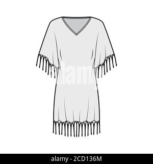 Gefranste Kaftan Kleid technische Mode Illustration mit tiefem V-Ausschnitt, Fledermaus Ellbogen Ärmel, über-die-Knie-Länge, überdimensioniert. Flache Schablone vorne grau Farbe. Damen Herren Unisex TOP CAD Mockup Stock Vektor