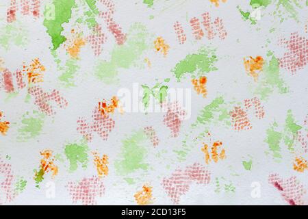 Abstrakte Aquarell lebendige bunte Hintergrundmalerei mit Spray, Flecken, Spritzer. Handgezeichnet auf Papierkornstruktur. Für modernes Muster, Tapete Stockfoto