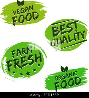 Set of Food Badges. Vegan Food, Best Quality, Farm Fresh, Organic Food. Stock Vektor