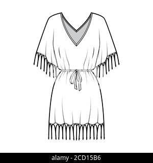 Gefranste Kaftan-Kleid technische Mode-Illustration mit tiefem V-Ausschnitt, geraffte Gürtel, Fledermaus Ellenbogen Ärmel, über-die-Knie-Länge, überdimensioniert. Flache Schablone vorne weiß Farbe. Damen Herren Unisex-Shirt Stock Vektor