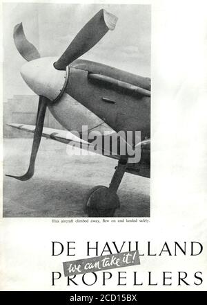 Werbung im Jahr 1941 für das britische Luft- und Raumfahrtunternehmen De Havilland, das Propeller für die Supermarine Spitfire produziert. Stockfoto