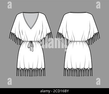 Gefranste Kaftan-Kleid technische Mode-Illustration mit tiefem V-Ausschnitt, geraffte Gürtel, Fledermaus Ellenbogen Ärmel, über-die-Knie-Länge, überdimensioniert. Flache Vorlage vorne zurück weiße Farbe. Damen Herren Shirt Stock Vektor