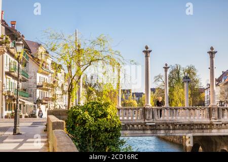 Einzigartige Plecnik arhitecture von Cobblers Brücke durch Weidenzweigen im alten mittelalterlichen Stadtzentrum von Ljubljana, Slowenien gesehen Stockfoto