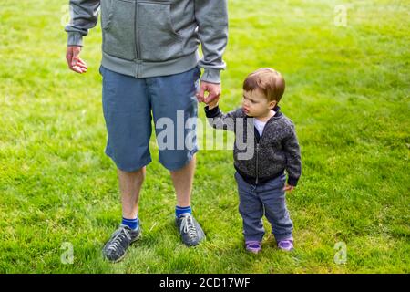 Ein Vater steht mit seiner jungen Tochter auf Gras und hält die Hände; North Vancouver, British Columbia, Kanada Stockfoto