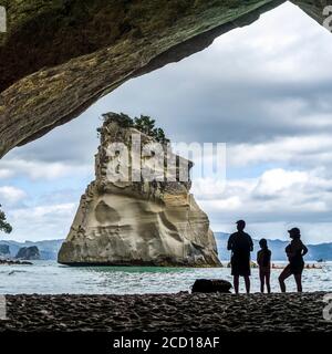 Die berühmte Cathedral Cove ist nur zu Fuß oder mit dem Boot erreichbar und gehört zu den Sehenswürdigkeiten auf dem Coromandel. Schwimmer genießen den Strand und spielen in... Stockfoto