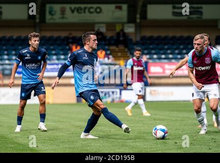 High Wycombe, Großbritannien. August 2020. Alex Pattison von Wycombe Wanderers während des 2020/21 Pre Season Freundschaftsspiel zwischen Wycombe Wanderers und West Ham United in Adams Park, High Wycombe, England am 25. August 2020. Foto von Liam McAvoy. Kredit: Prime Media Images/Alamy Live Nachrichten Stockfoto