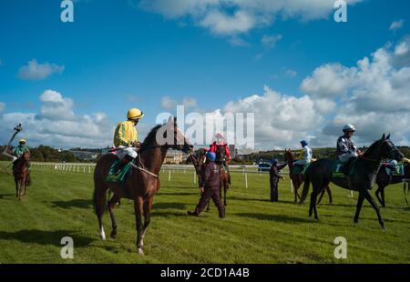 Listowel, Irland, 6. September 2019: Rennpferde und Jockeys warten darauf, das Starttor auf der Listowel-Rennstrecke im County Kerry, Irland, zu betreten Stockfoto