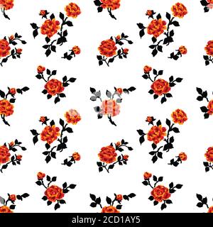 Retro Vintage Rosenpflanzen mit Blumen, Stiel und Blätter Rapportiertes Muster Stockfoto