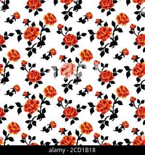 Retro Vintage Rosenpflanzen mit Blumen, Stiel und Blätter Rapportiertes Muster Stockfoto
