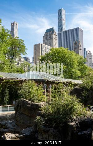 Central Park Zoo mit Wolkenkratzern im Hintergrund, New York City, USA Stockfoto