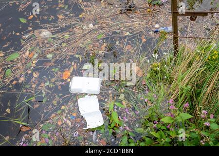 Ein Polystyrol-Take-Away-Container schwimmt im River Nith, Dumfries, Schottland. Stockfoto