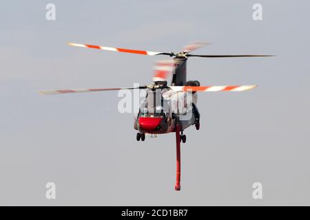 Boeing CH-47D Chinook N405AJ, die als Reaktion auf die 2020 SCU Lightning Complex Brände vom Meadowlark Field in Livermore, Kalifornien, aus operierte. Stockfoto