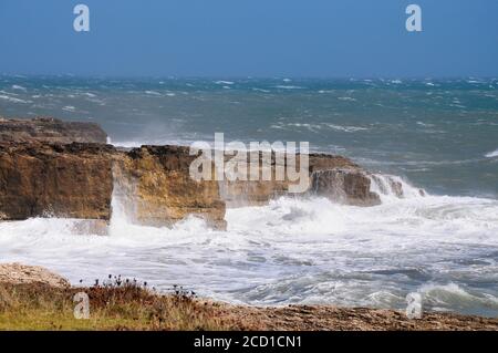 Portland Bill. August 2020. Wetter in Großbritannien. Die Menschen genießen das Schauspiel eines Sturms, der Portland Bill zerschlagen hat. Quelle: stuart frartwell/Alamy Live News Stockfoto