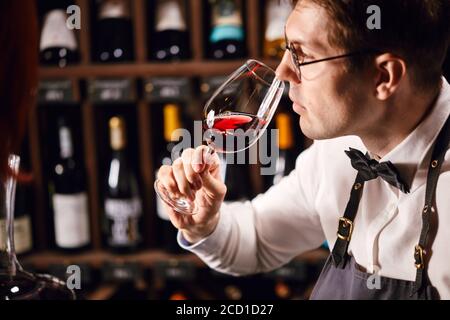 Barkeeper oder männlicher Kavist, der in der Nähe der Regale von Weinflaschen steht, hält ein Glas Wein, sieht Tönung an und riecht den Geschmack von Wein im Glas. Stockfoto