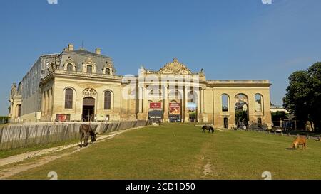 Frontfassade der Stallungen der Burg von chantilly, jetzt beherbergt ein Pferdemuseum, mit Park an einem sonnigen Tag mit klaren blauen sk Stockfoto