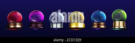 Kristallkugeln, Schneebälle auf Metallständern. Vektor realistische Set von Glas magische Kugeln mit verschiedenen Mustern, glänzend transparente Kuppeln auf goldenen und silbernen Basis. Farbige weihnachtsschneegeln Stock Vektor