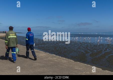 Stadt Walvis Bay, gebaut in der Wüste und an der Atlantikküste, Namibia. Es gibt eine riesige Kolonie von Flamingos Stockfoto