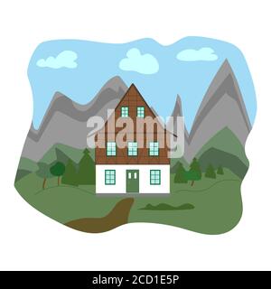 Gezeichnetes zweistöckiges Haus im alpinen Stil auf einem Hintergrund von Bergen, flacher Stil Stock Vektor