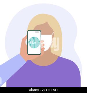 Vektor-Illustration Telefon auf der Stirn der Person platziert fernab misst Temperatur. Neue Technologie. Neue normale. Messung der menschlichen Körpertemperatur Stock Vektor