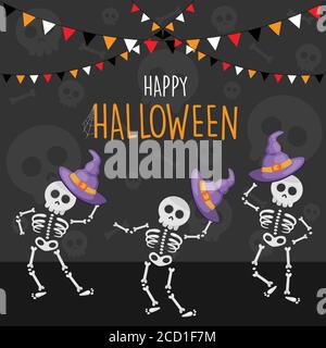 Happy Halloween tanzen Skelette Cartoon Hintergrund, Vektor-Illustration Stock Vektor