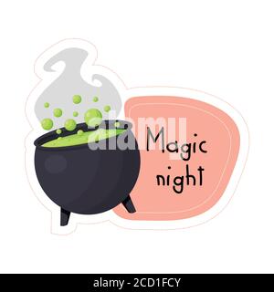 Cartoon Halloween schwarzer Kessel mit Zaubertrank Nacht Aufkleber. Vektorgrafik. Stock Vektor