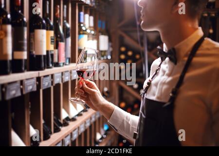 Verkostungserlebnis im Hotel oder Restaurant. Professioneller Kerl oder Sommelier hält Glas von köstlichem Rotwein appreciting seine Tönung mit Flaschen sammeln Stockfoto